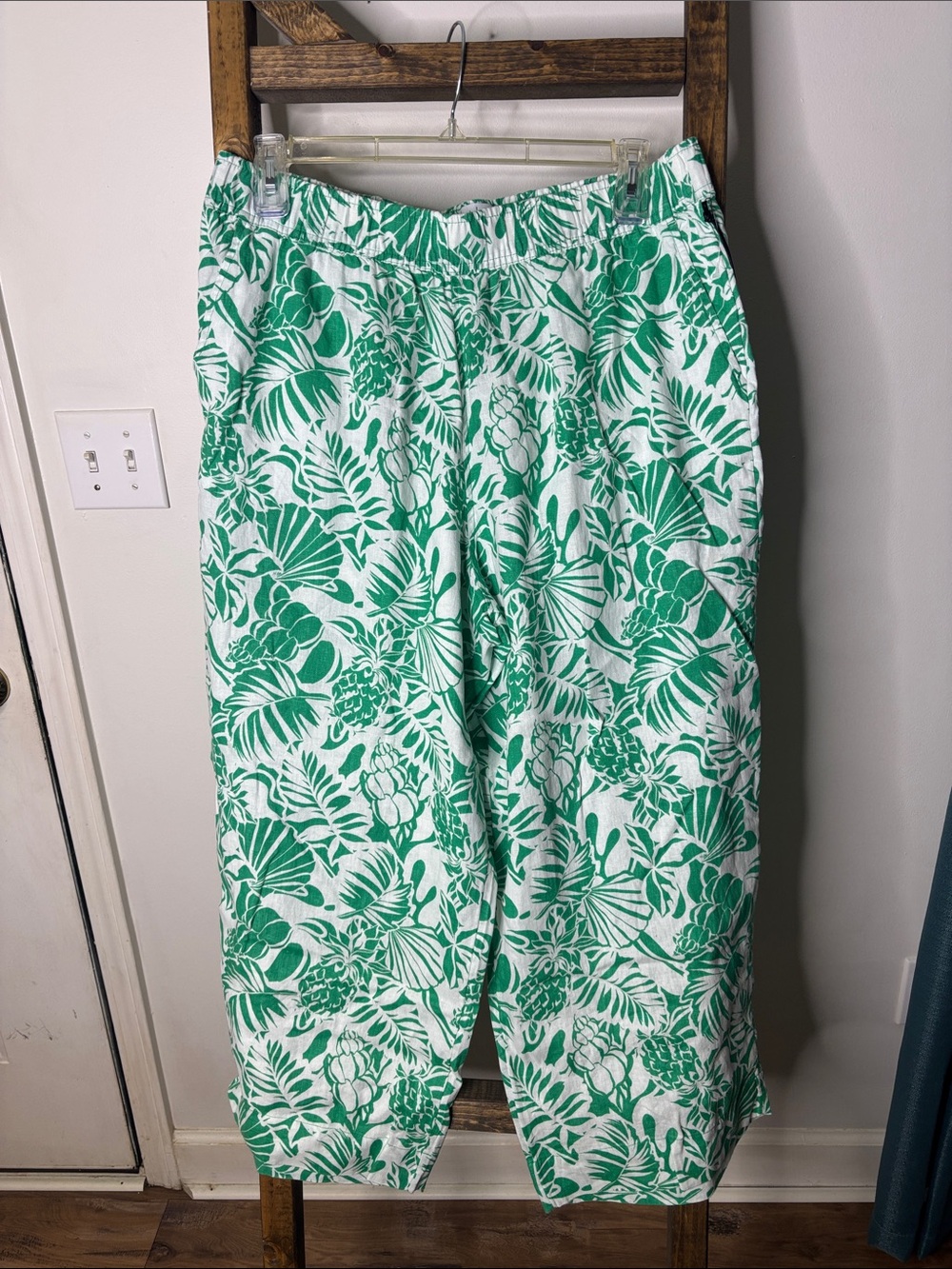 Nicole Miller Linen Green & White Tropical Wide Leg Pants Size XL